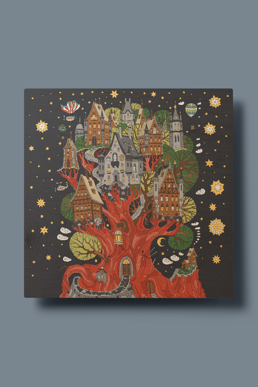 Fantasy Tree House Line Art Multicolor Wood Wall Art