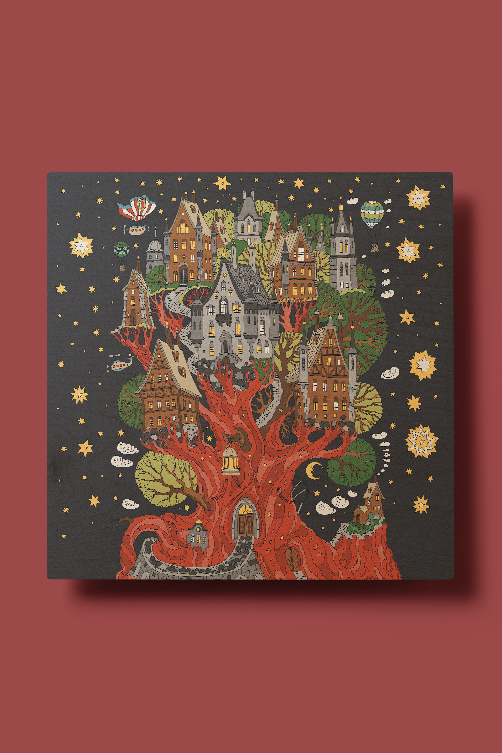 Fantasy Tree House Line Art Multicolor Wood Wall Art