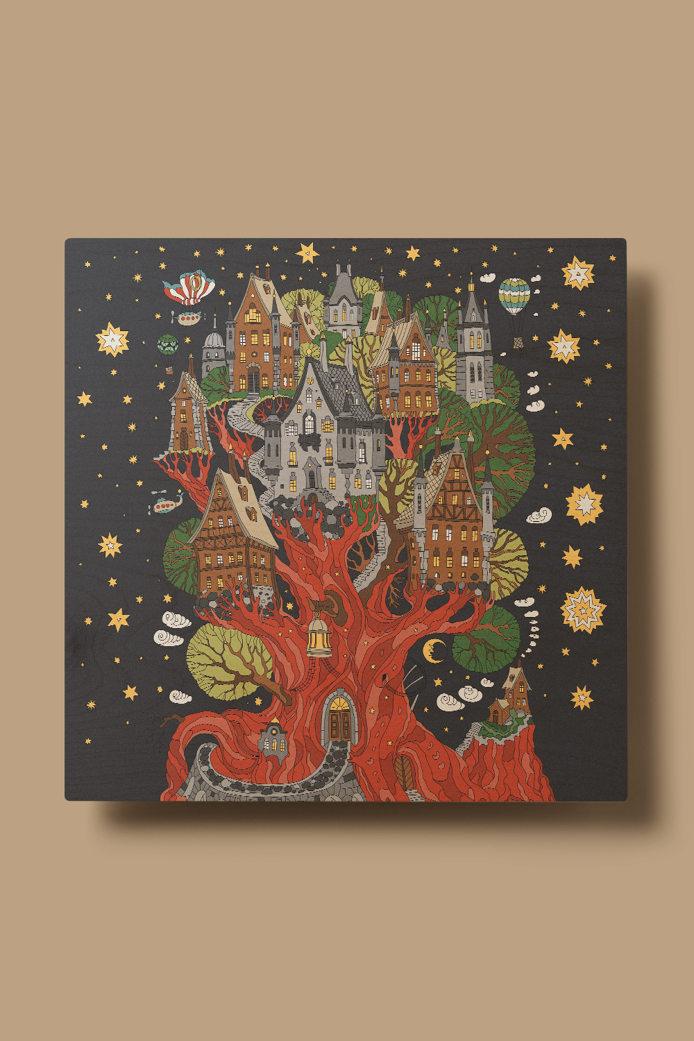 Fantasy Tree House Line Art Multicolor Wood Wall Art