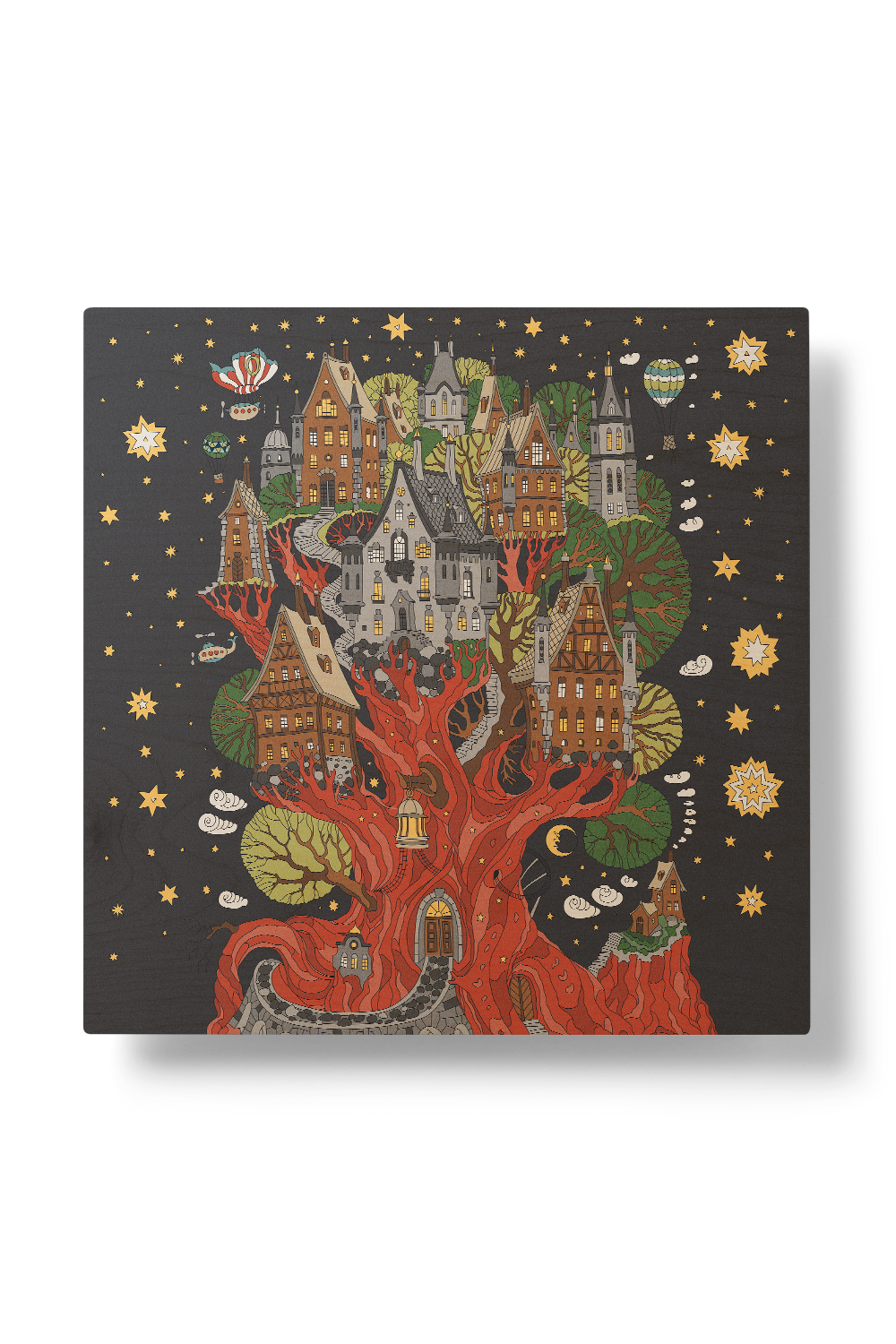 Fantasy Tree House Line Art Multicolor Wood Wall Art