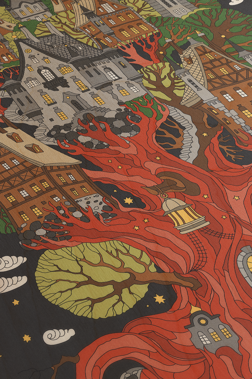 Fantasy Tree House Line Art Multicolor Wood Wall Art