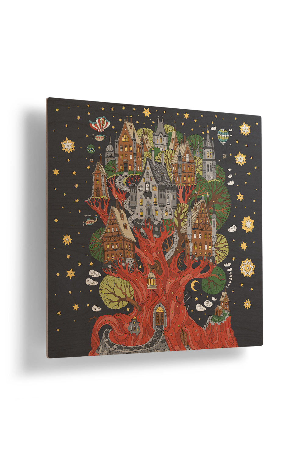 Fantasy Tree House Line Art Multicolor Wood Wall Art