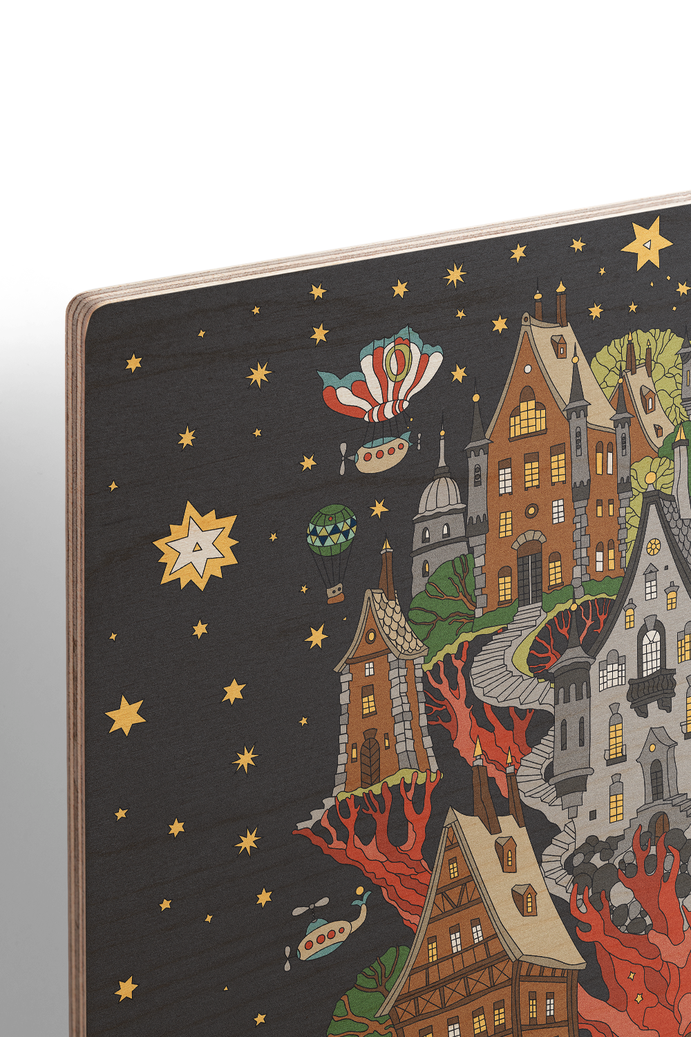 Fantasy Tree House Line Art Multicolor Wood Wall Art