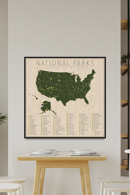 US National Park Map Framed Canvas Wall Art