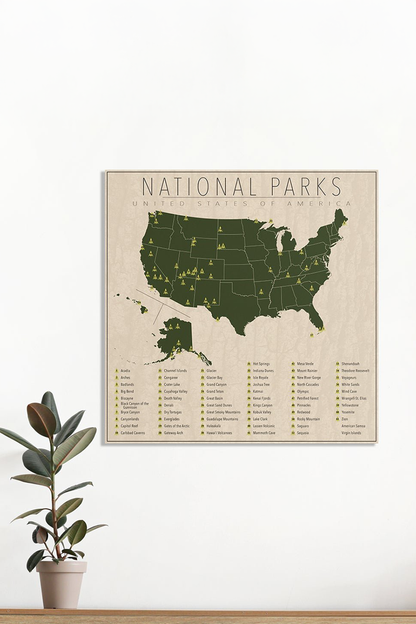 US National Park Map Framed Canvas Wall Art