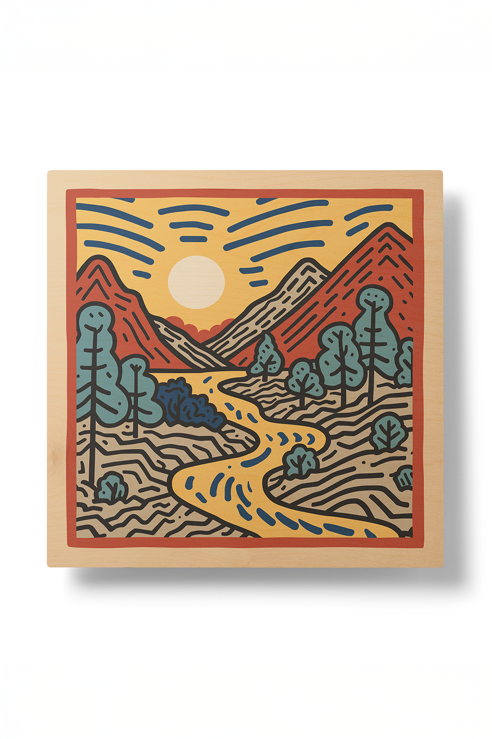 Sunrise I Line Art Multicolor Wood Wall Art