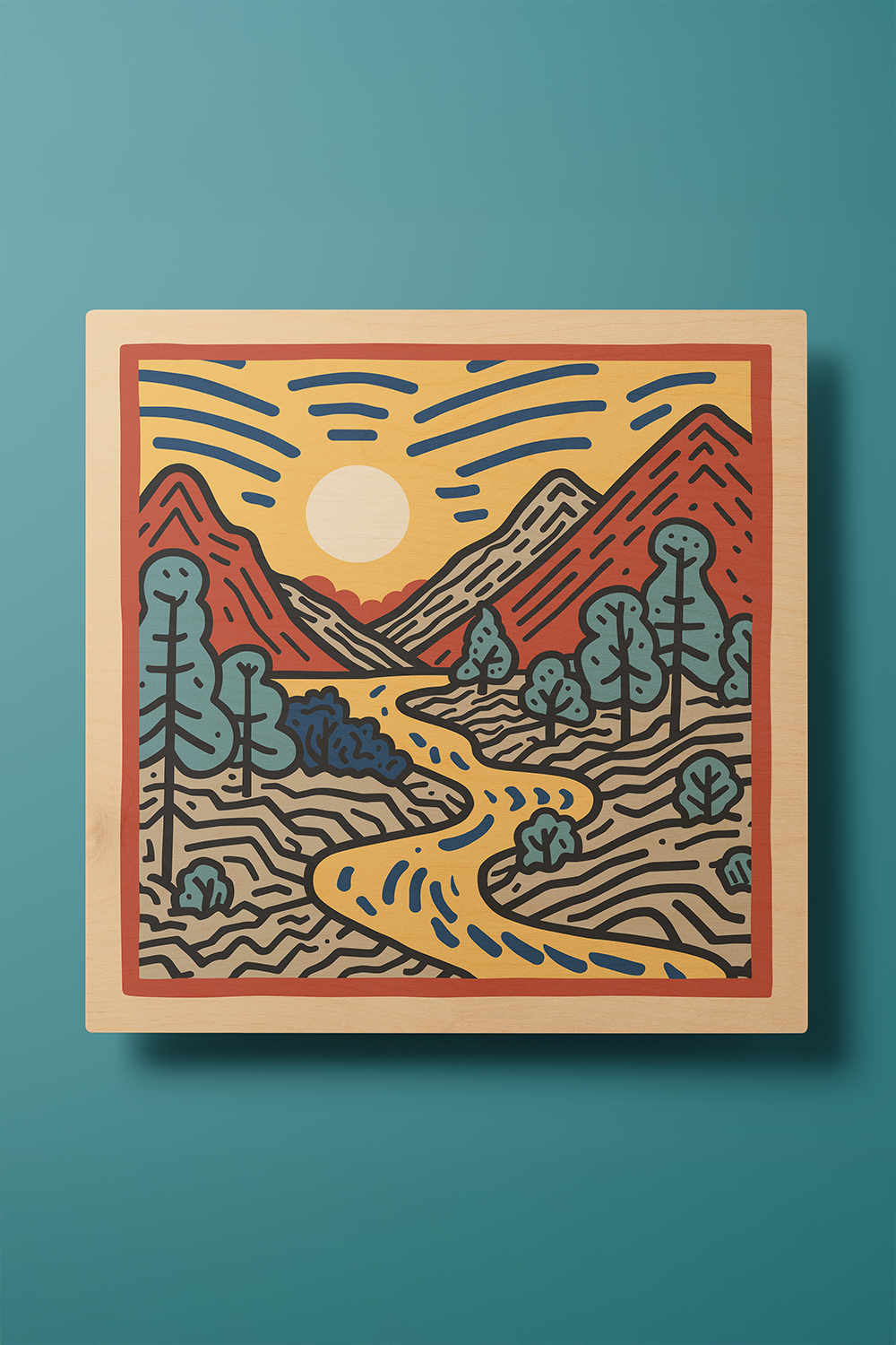 Sunrise I Line Art Multicolor Wood Wall Art