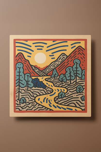 Sunrise I Line Art Multicolor Wood Wall Art