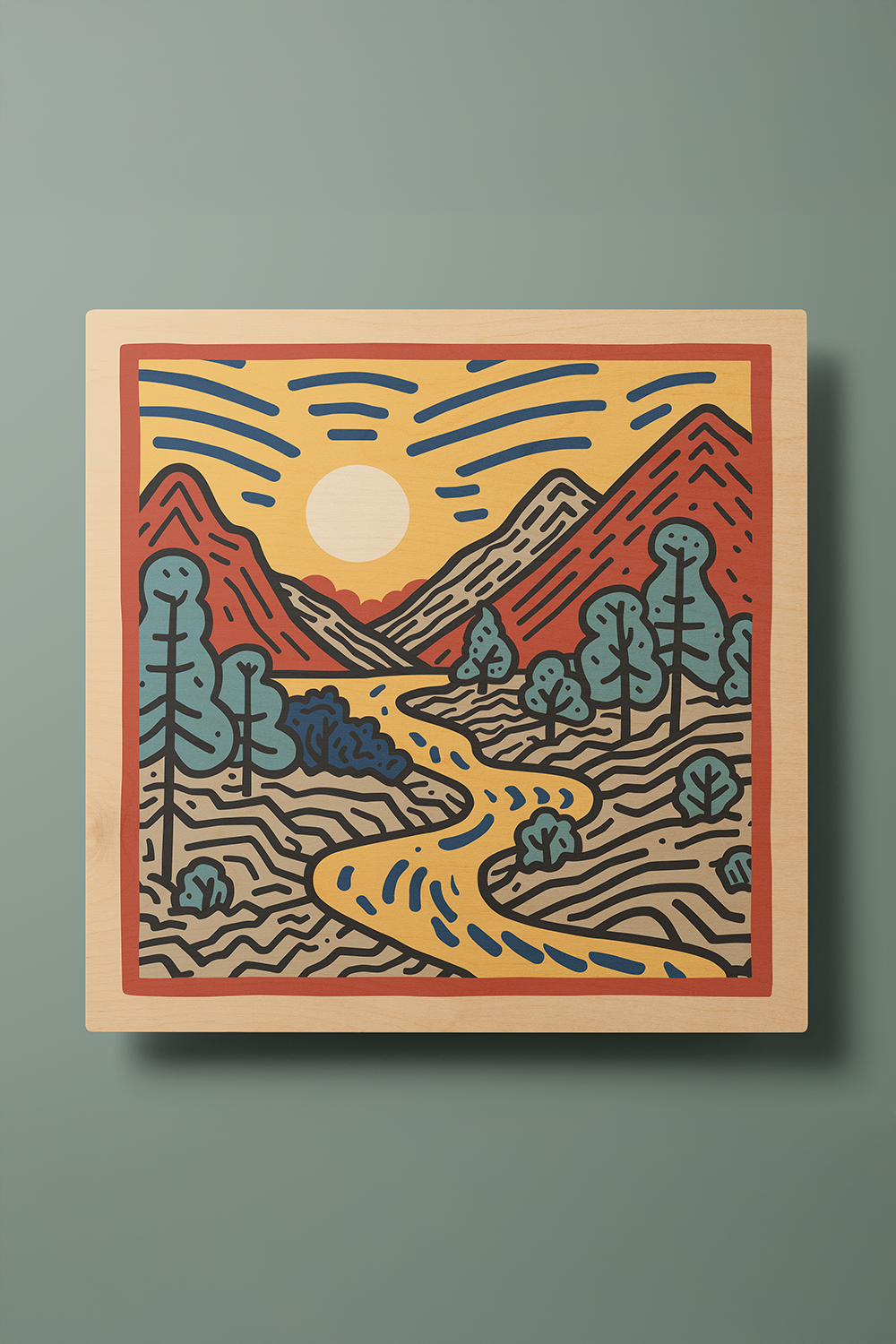 Sunrise I Line Art Multicolor Wood Wall Art