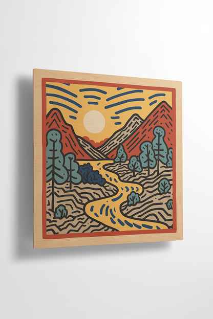 Sunrise I Line Art Multicolor Wood Wall Art