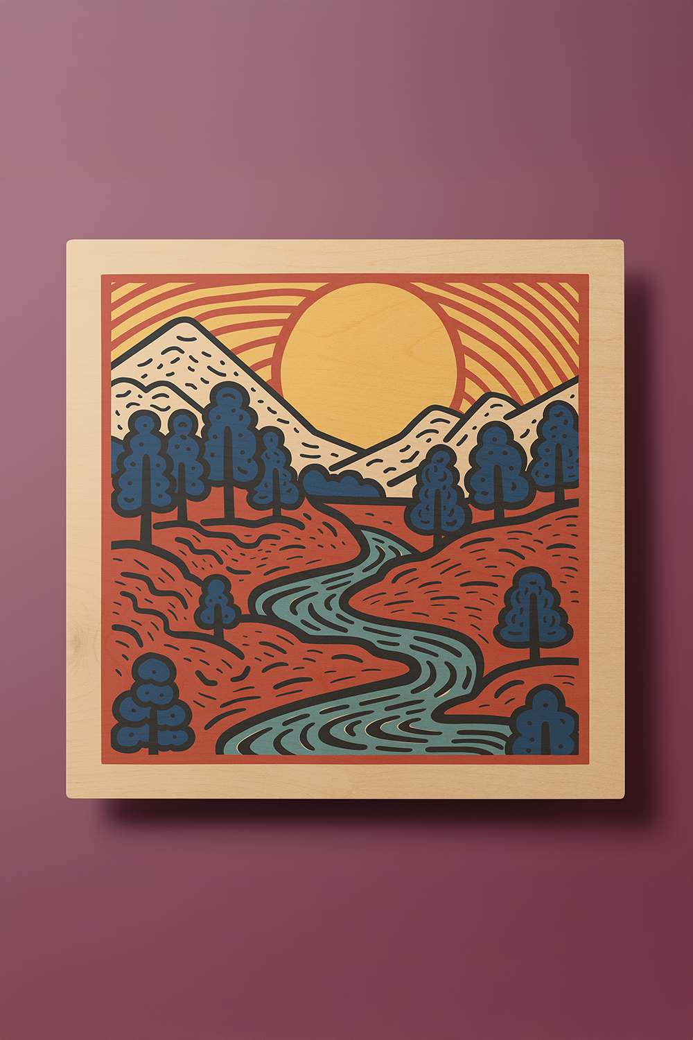 Sunrise II Line Art Multicolor Wood Wall Art