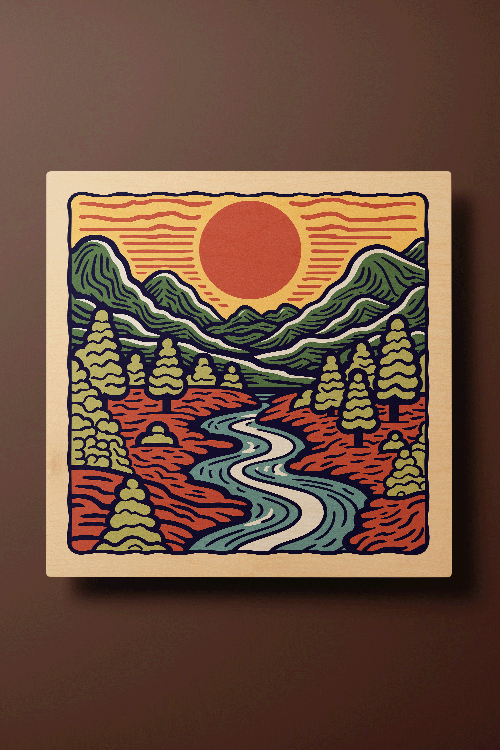 Sunrise III Line Art Multicolor Wood Wall Art