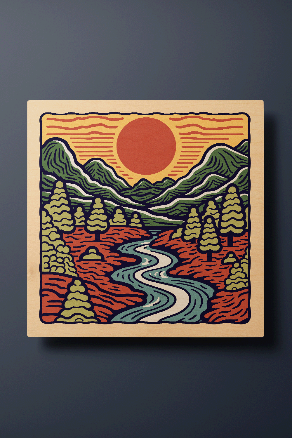Sunrise III Line Art Multicolor Wood Wall Art