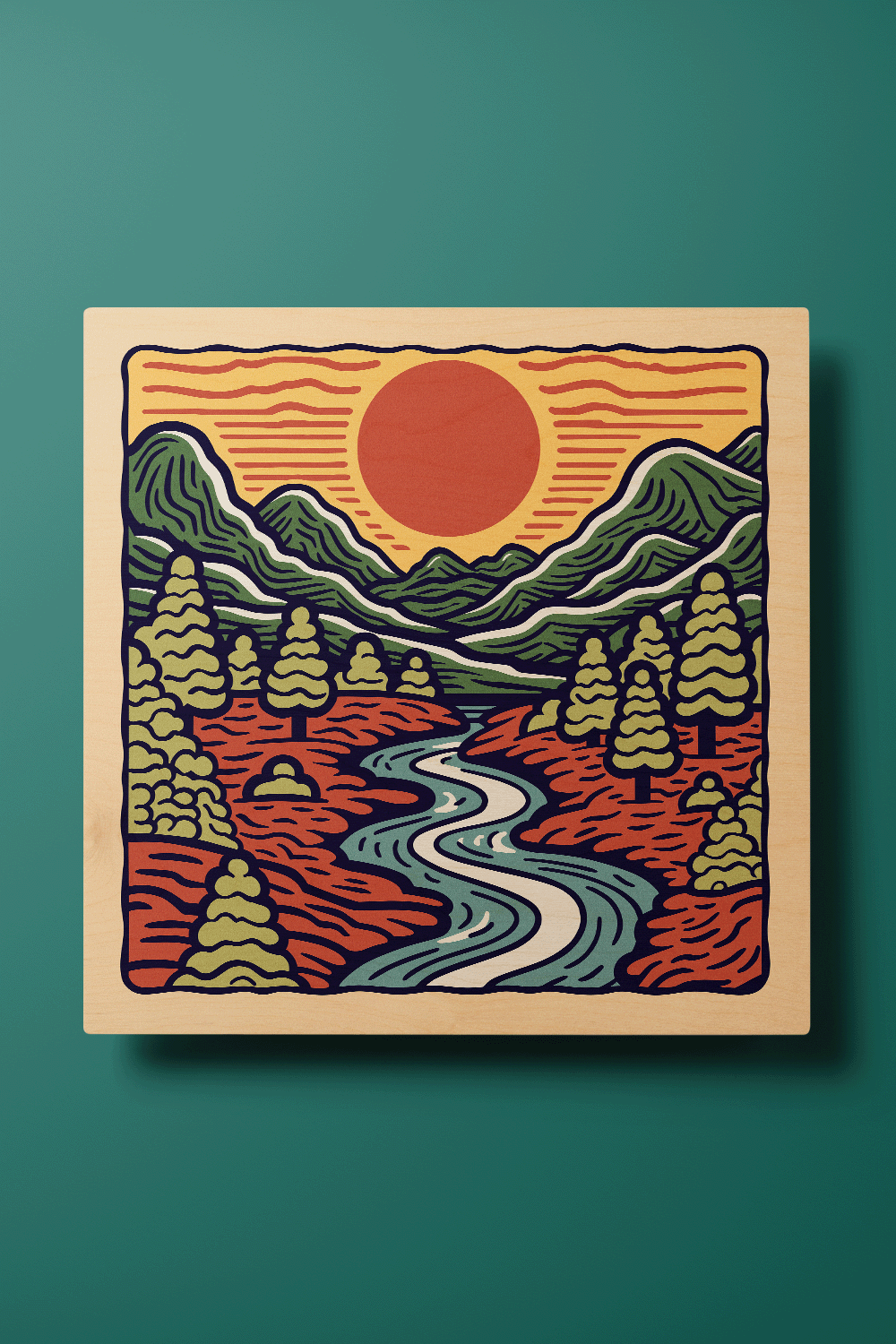 Sunrise III Line Art Multicolor Wood Wall Art