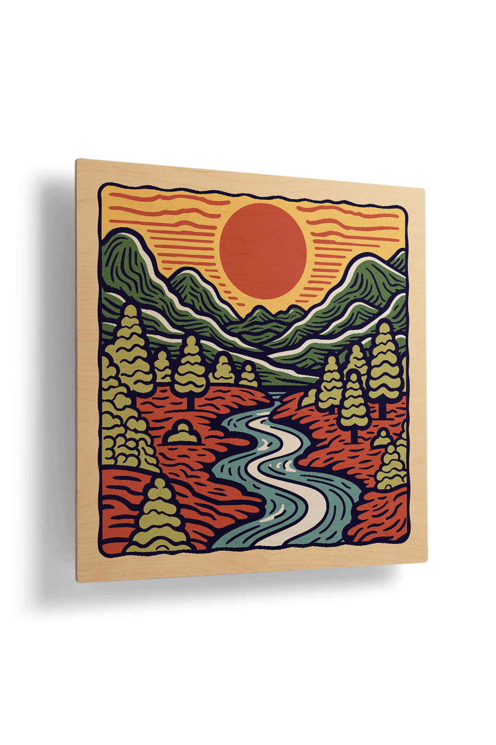 Sunrise III Line Art Multicolor Wood Wall Art