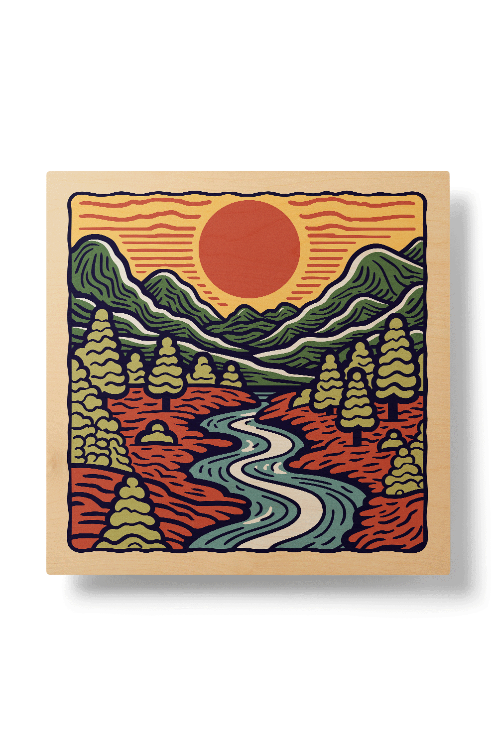 Sunrise III Line Art Multicolor Wood Wall Art