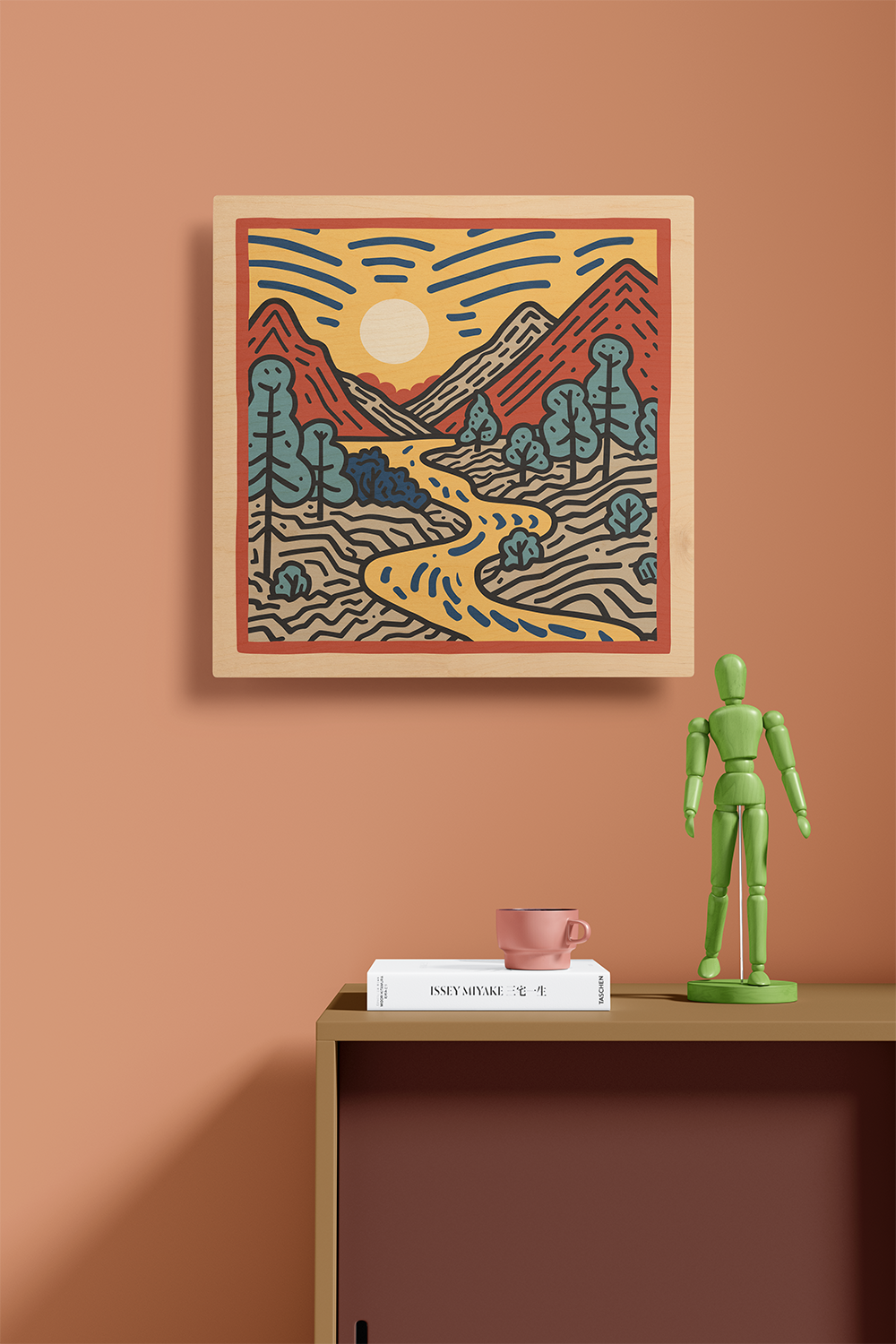 Sunrise I Line Art Multicolor Wood Wall Art