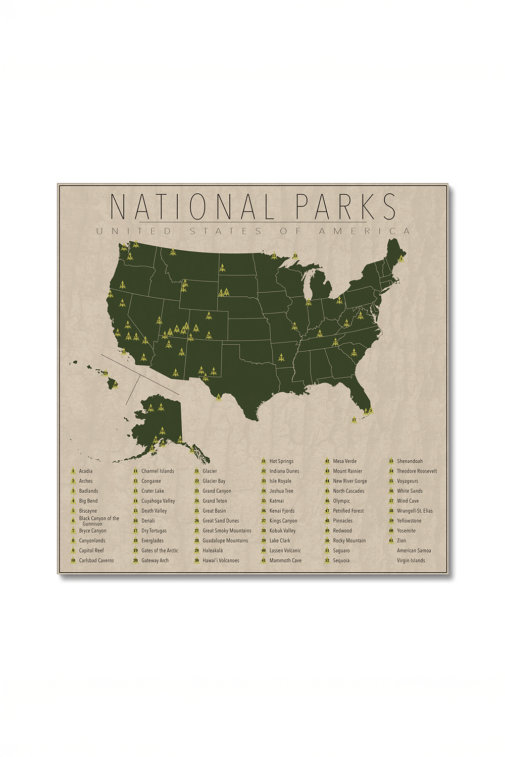 US National Park Map Canvas Wall Art
