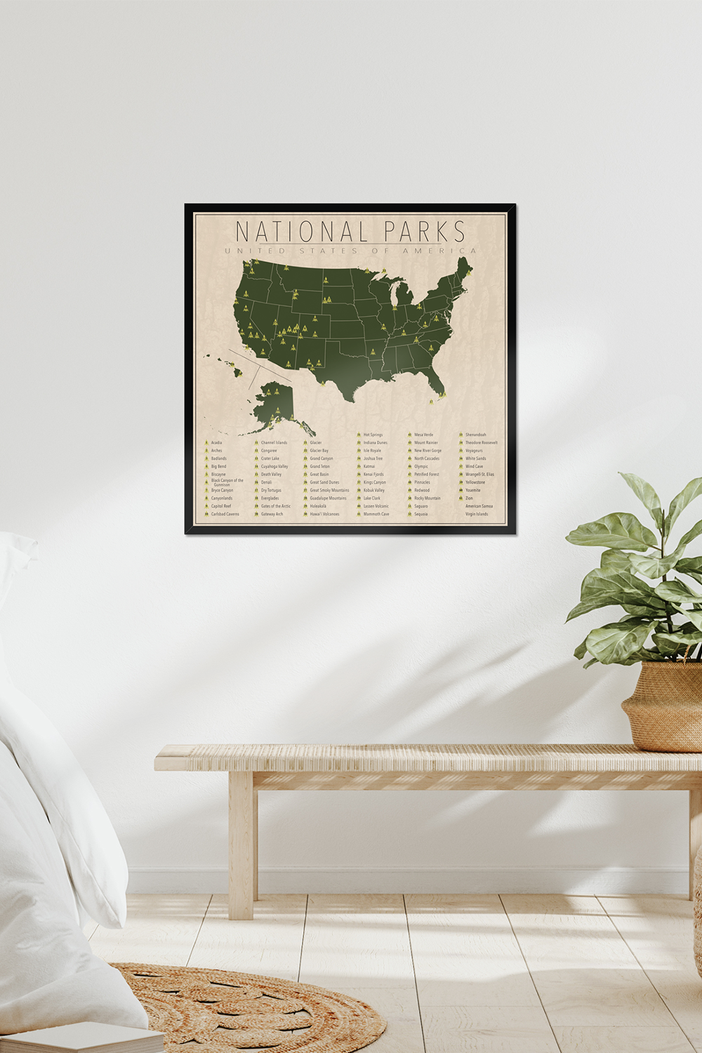 US National Park Map Framed Canvas Wall Art