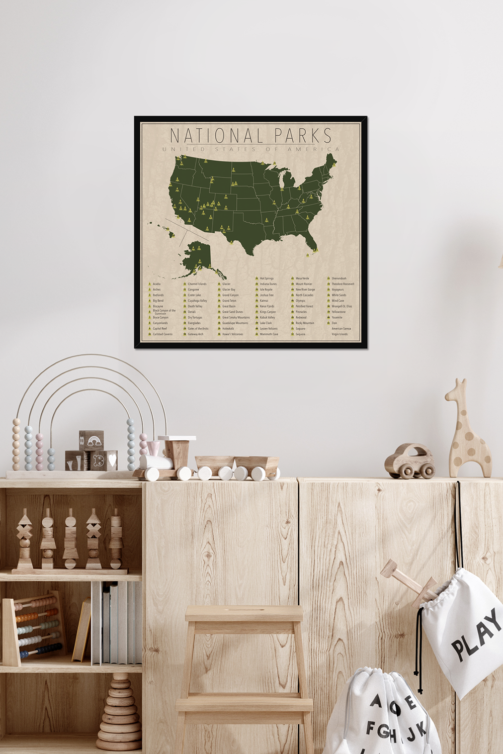 US National Park Map Framed Canvas Wall Art
