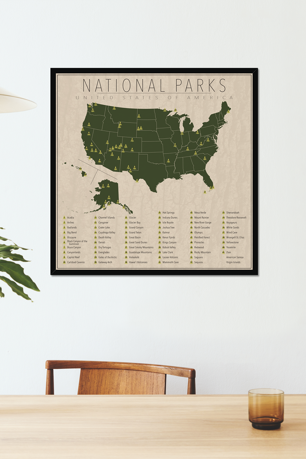 US National Park Map Framed Canvas Wall Art