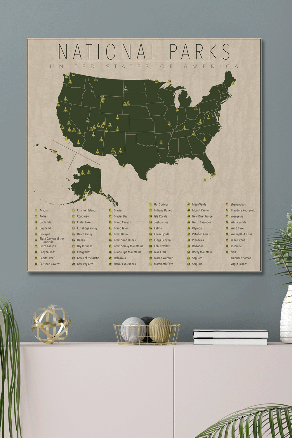 US National Park Map Canvas Wall Art