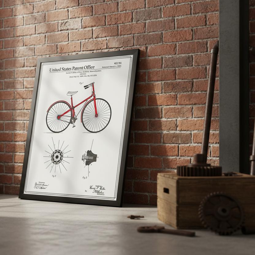 Framed bicycle patent print leaning against a brick wall.