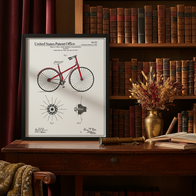 Framed bicycle patent print on a wooden desk with books and decor in the background.