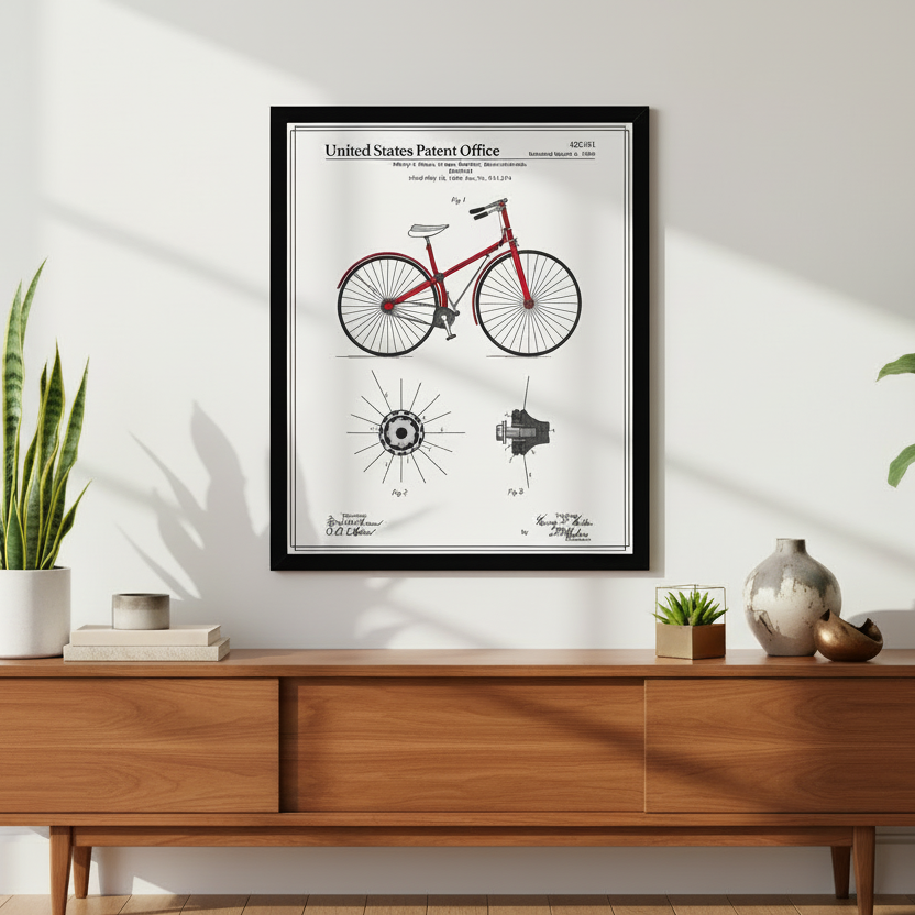 Framed bicycle patent print on a wall above a wooden console table.