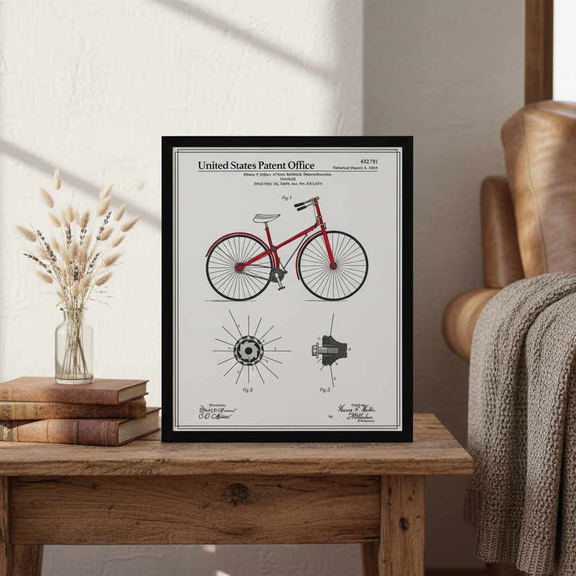 Framed bicycle patent print on a wooden table with a vase and books in the background.