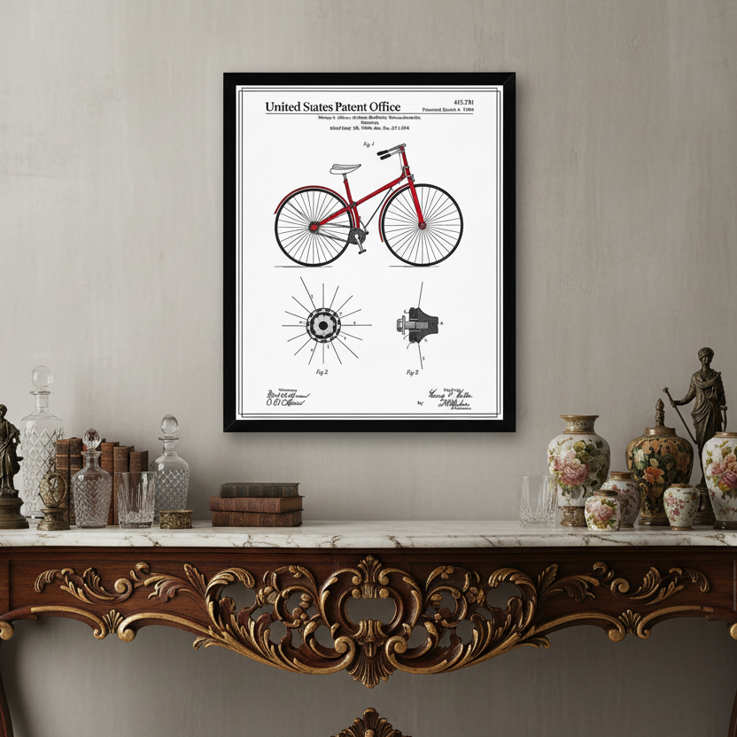 Framed bicycle patent diagram with red accents on a white background.