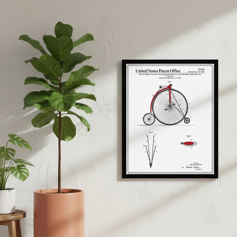 Framed artwork of a unicycle design on a wall in a room with natural light.