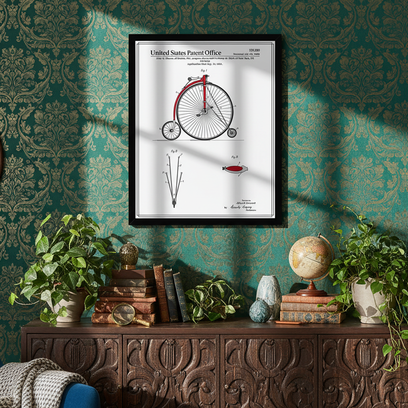 Framed patent illustration on a wall with decorative elements.