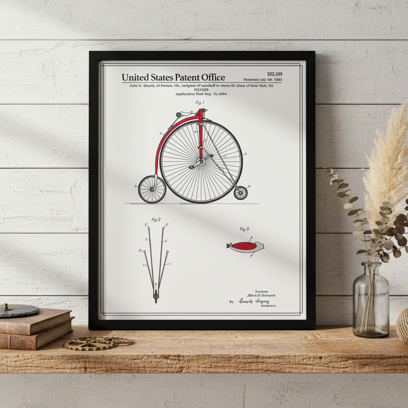Framed patent poster of a vintage bicycle on a wooden shelf with decorative elements.