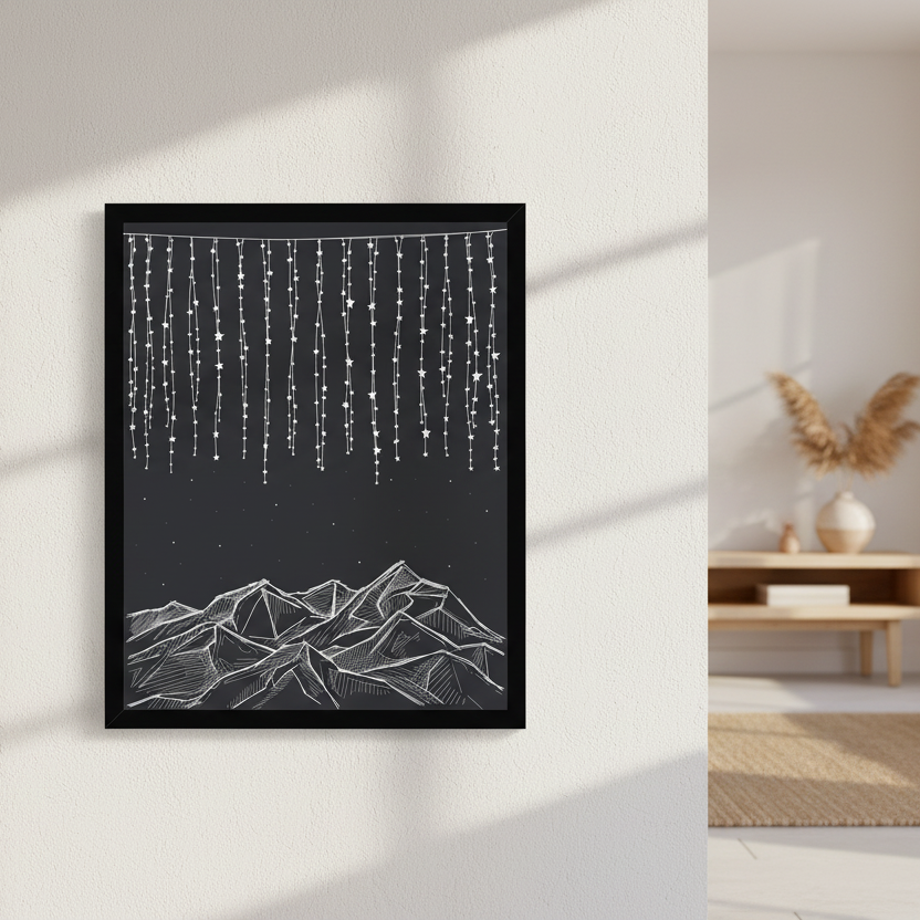 Starry Night Black & White Line Art Framed Print