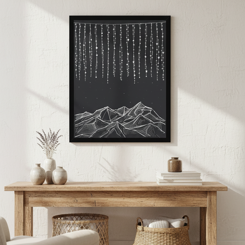 Starry Night Black & White Line Art Framed Print