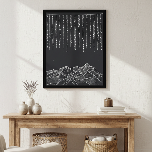 Starry Night Black & White Line Art Framed Print