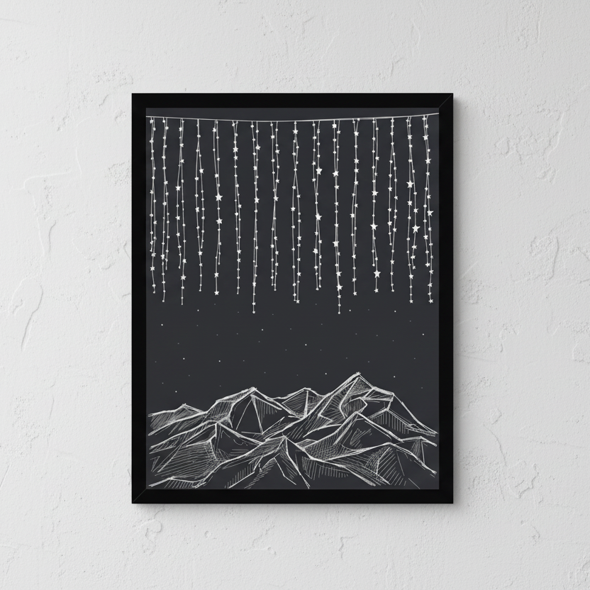 Framed artwork with white mountain silhouette and starry night sky on a black background.