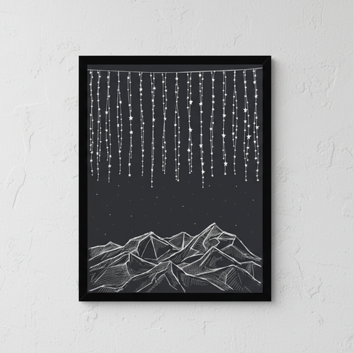 Framed artwork with white mountain silhouette and starry night sky on a black background.