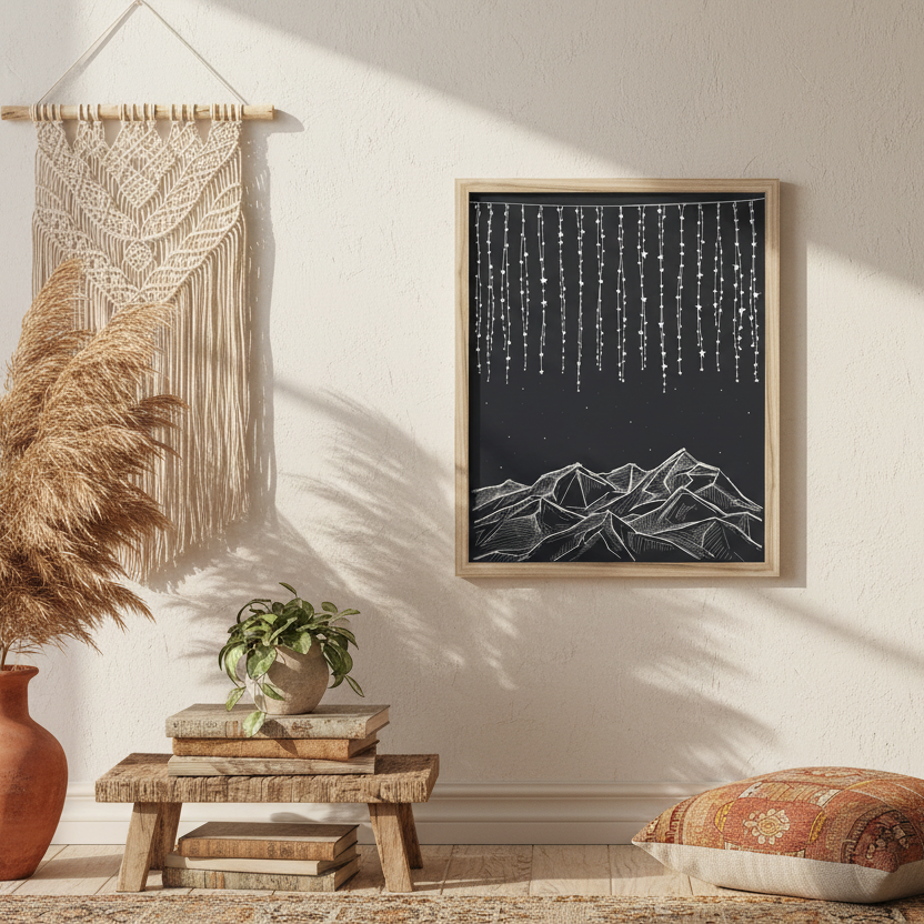 Starry Night Black & White Line Art Framed Print