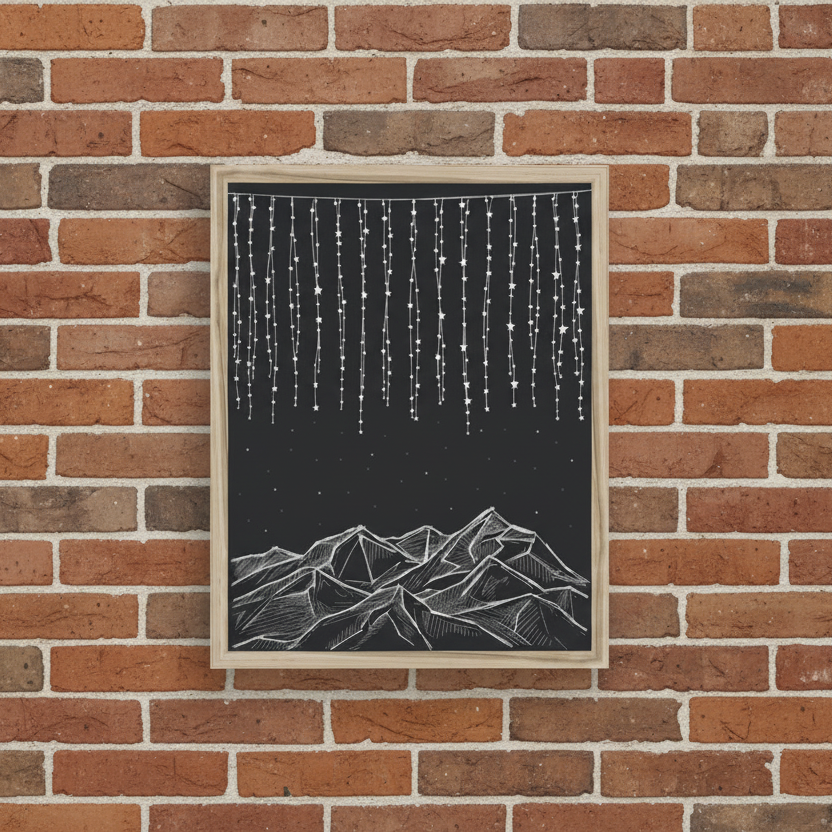 Framed artwork with white mountain silhouette and starry sky on a black background.