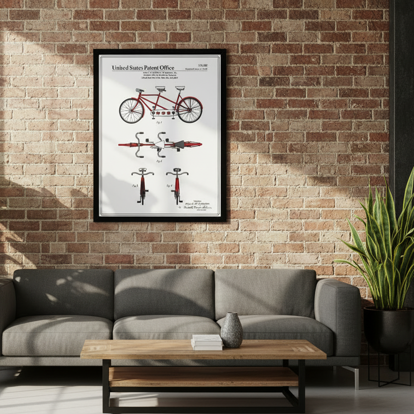 Living room with gray sofa, wooden coffee table, and framed bicycle diagram on brick wall.