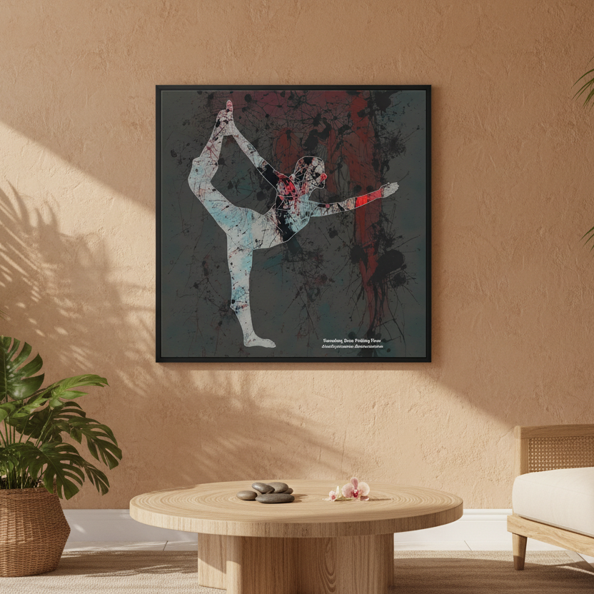 Abstract art print of a yogi in a bow pose with splatter effects on a dark gray background.