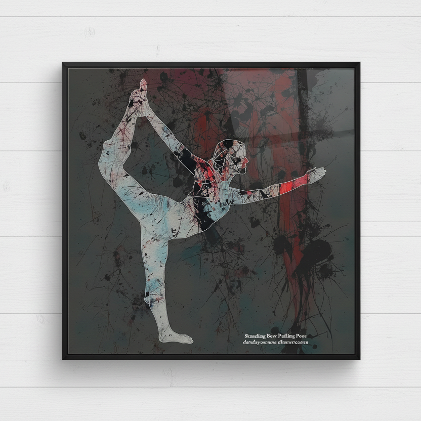Artistic depiction of a dancer in a yoga standing bow pulling pose with abstract splashes of color on a dark background.