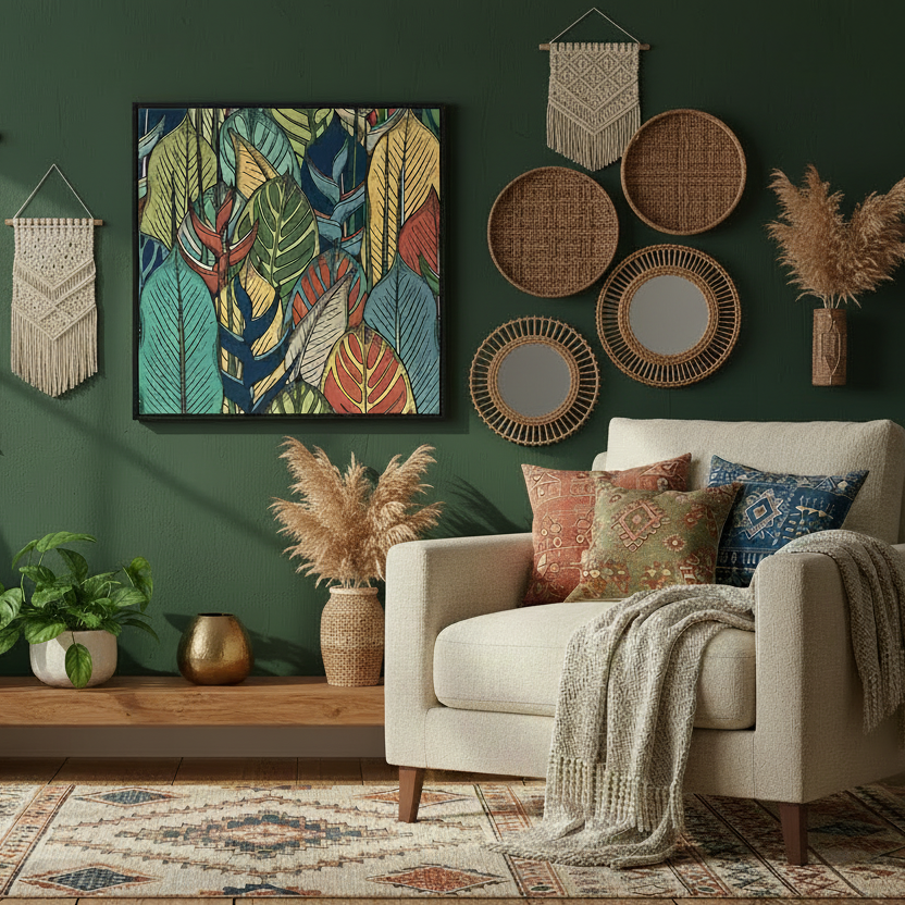 Living room with a beige armchair, colorful calathea leaves artwork, and decorative plants.