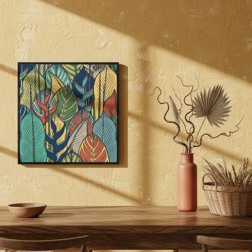 Calathea Dreams Line Art Multicolor Framed Canvas Wall Art