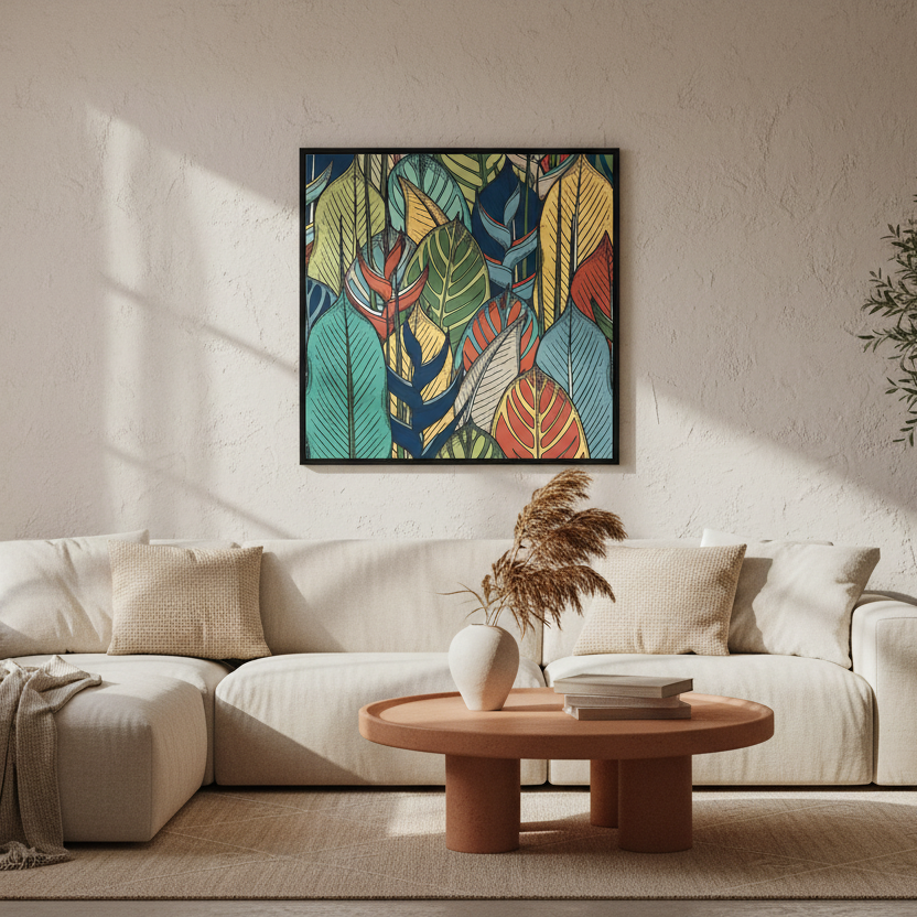 Modern living room with a white sofa, framed calathea plant leaves artwork, and decorative items.