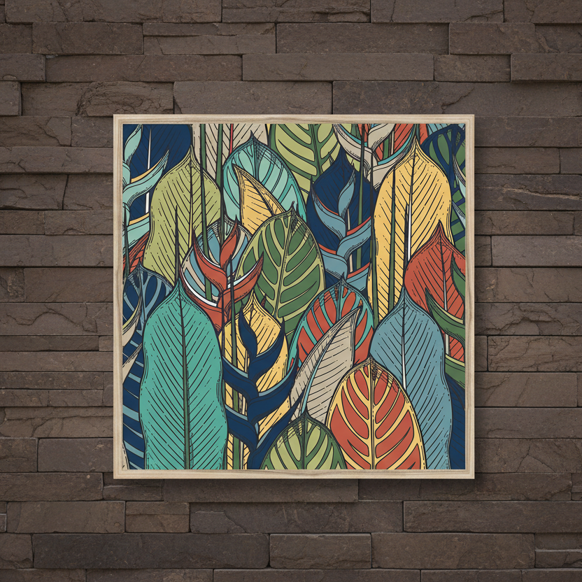 Framed artwork with colorful calathea leaf pattern on a white background.
