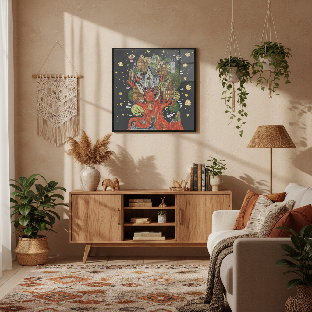 Fantasy Tree House Line Art Multicolor Framed Canvas Wall Art