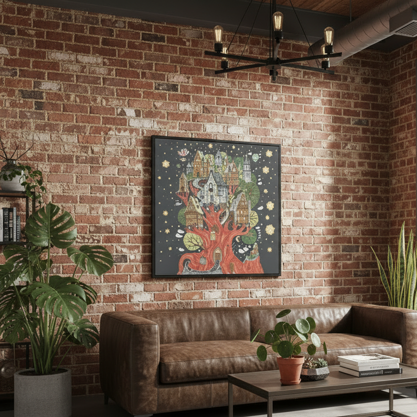 Fantasy Tree House Line Art Multicolor Framed Canvas Wall Art